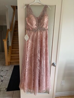 Vera Wang Rose Blush Beaded V-Neck Maxi Gown